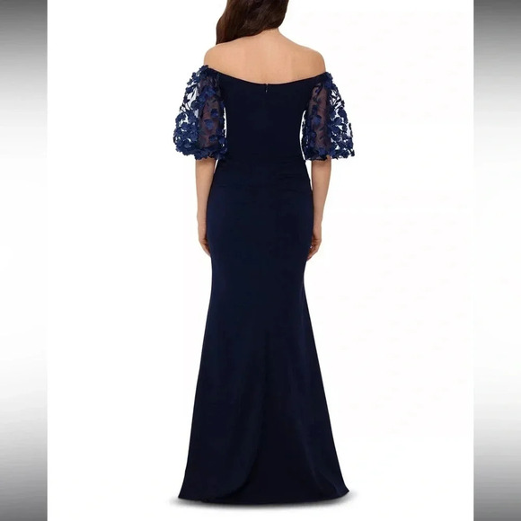 Xscape - Off-The-Shoulder Floral-Sleeve Gown - Navy Blue - Size 4P - EUC!! - Picture 2 of 16